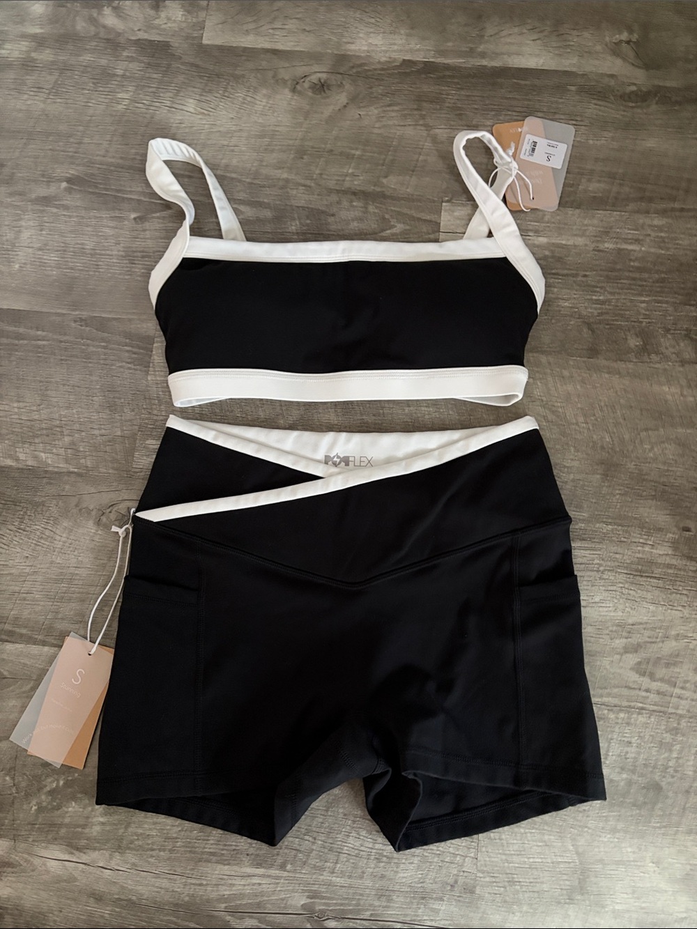 Pop flex it girl bra and hourglass booty shorts, black, and white